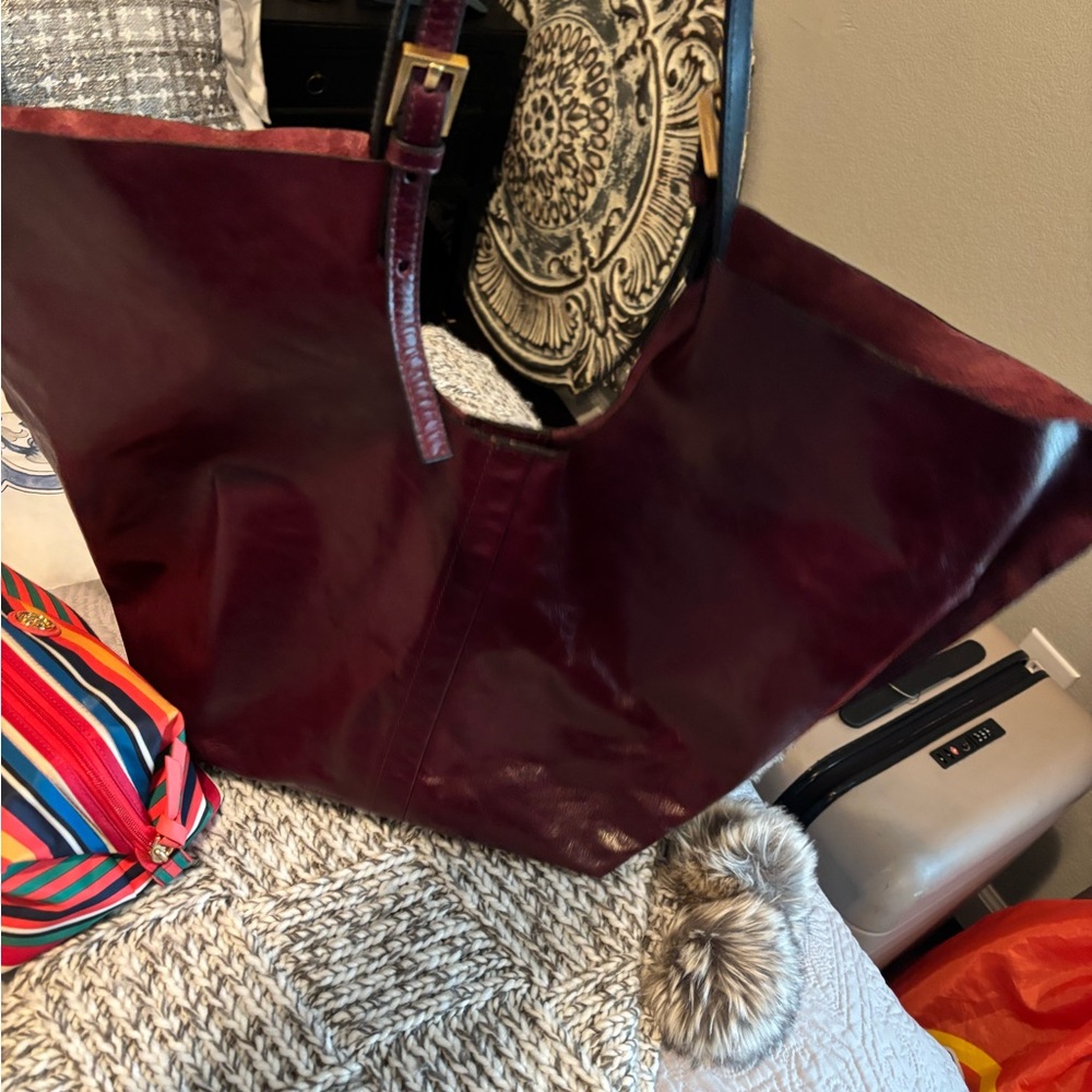 AllSaints ARa Shine Burgundy Leather oversized utility tote